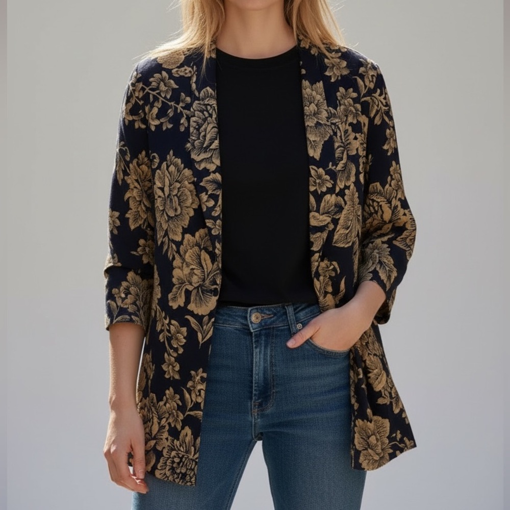 Vintage Floral Black and Gold Women's 100% silk blazer